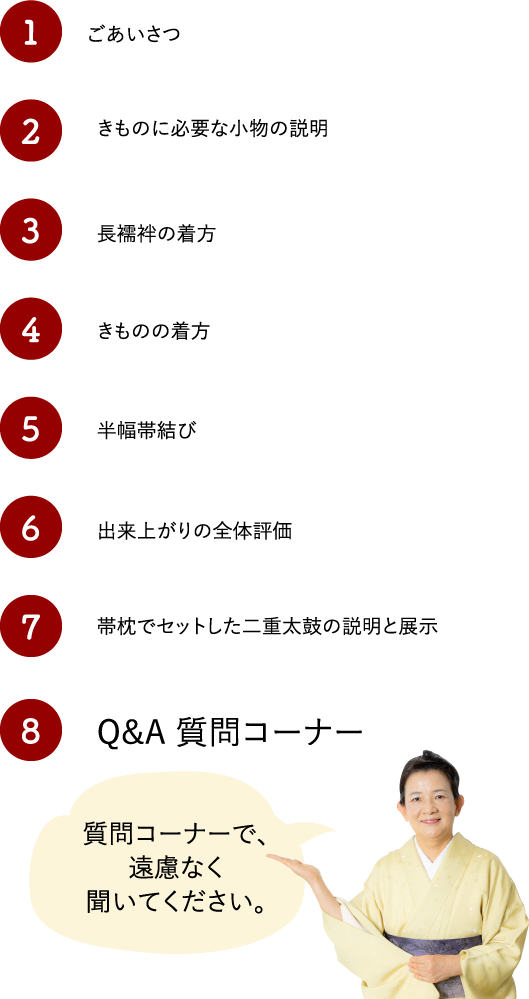 1.ごあいさつ 2.着物に必要な小物の説明 3.長襦袢の着方 4.着物の着方 5.半幅帯結び 6.出来上がりの全体評価 7.帯枕でセットした二重太鼓の説明と展示 8.Q&A 質問コーナー 質問コーナーで、遠慮なく聞いてください。